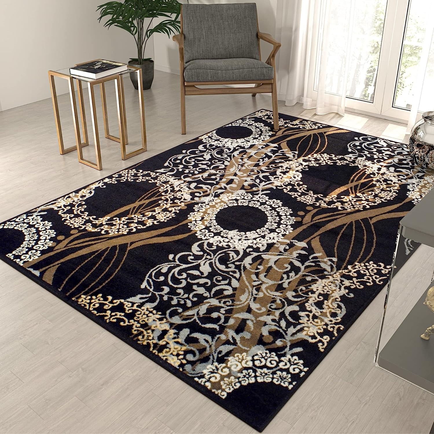 Modern Boho Vintage Rugs, Eco-Friendly for Living Room, Kitchen and Bathroom Washable Rugs for Bathroom Easy Cleaning Area Rug Traditional Area Rug Black - 8X11