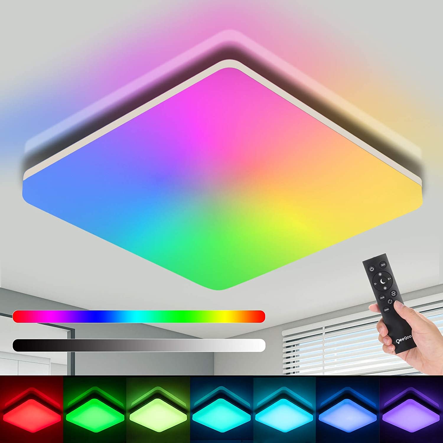 RGB Ceiling Light Fixture with Remote, 13Inch 36W Dimmable Bedroom Light Fixtures Ceiling, IP54 Waterproof Square Bathroom Ceiling Light Fixtures