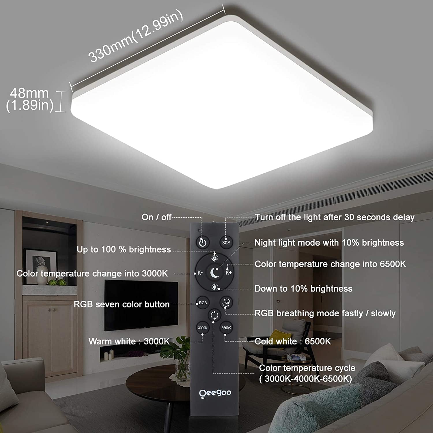 RGB Ceiling Light Fixture with Remote, 13Inch 36W Dimmable Bedroom Light Fixtures Ceiling, IP54 Waterproof Square Bathroom Ceiling Light Fixtures
